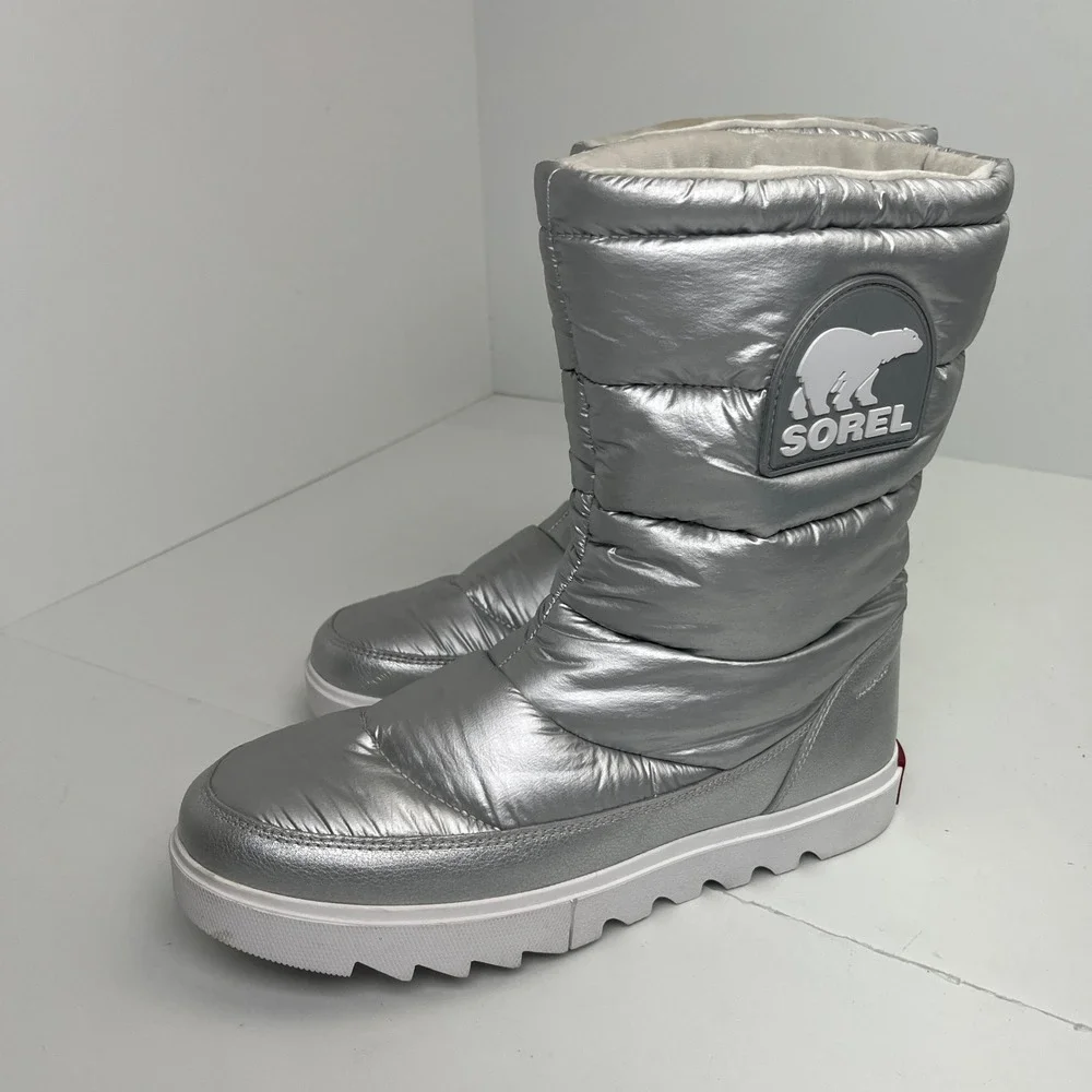 Sorel Waterproof Metallic Silver Puffer Snow Boots‎ Womens 9.5 Après Ski Y2K